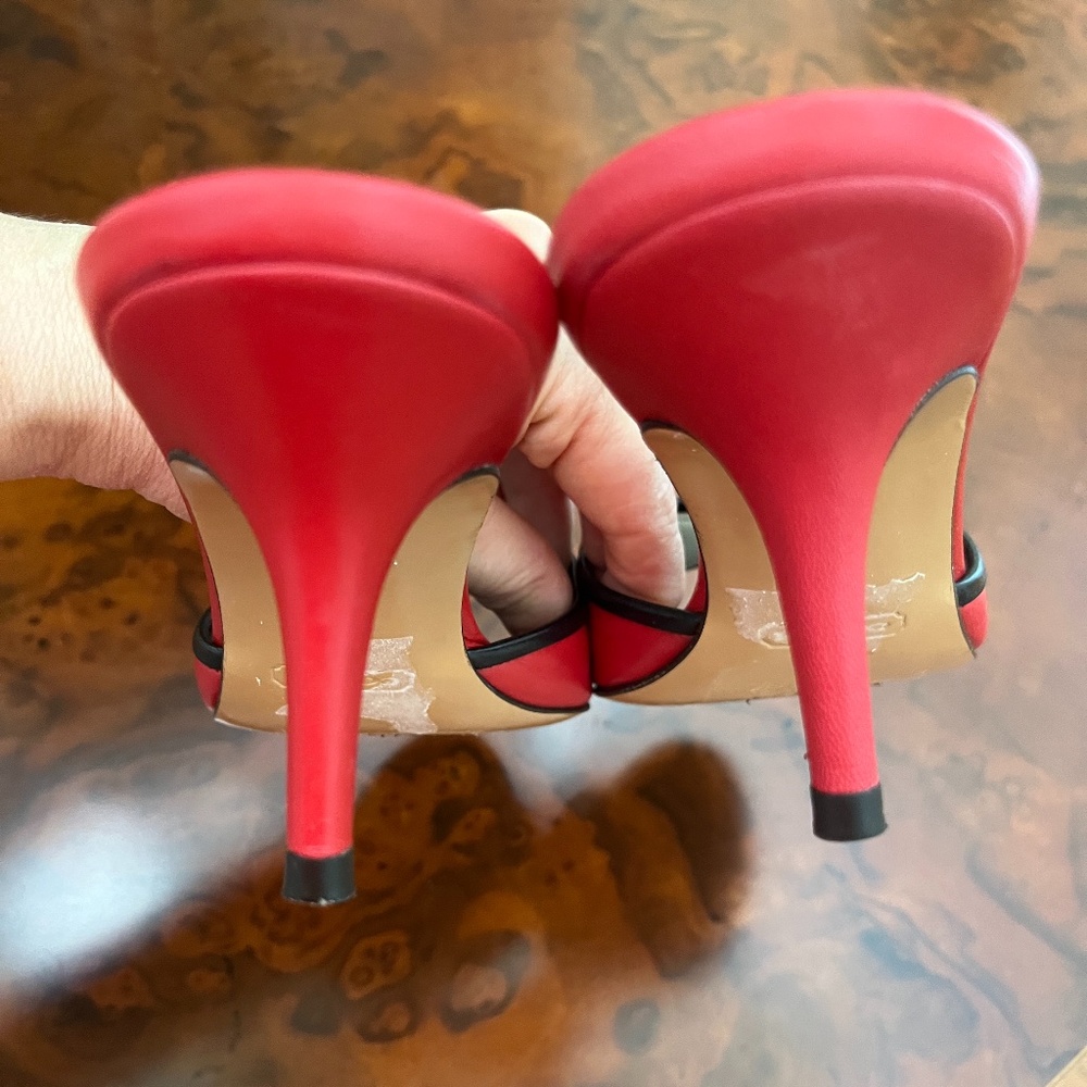 Coach Leather Red/Black Open Toe Slide Sandals Heels Button Italy Size 6B - Picture 2 of 8